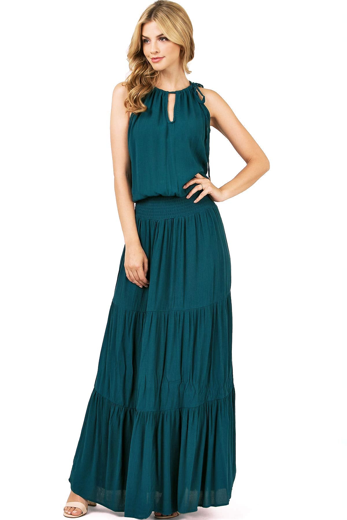 Love Stitch Women's High Neck Halter, Smocked Waist Maxi Dress (Peacock, Medium) Love Stitch Women's High Neck Halter, Smocked Waist Maxi Dress (Peacock, Medium)