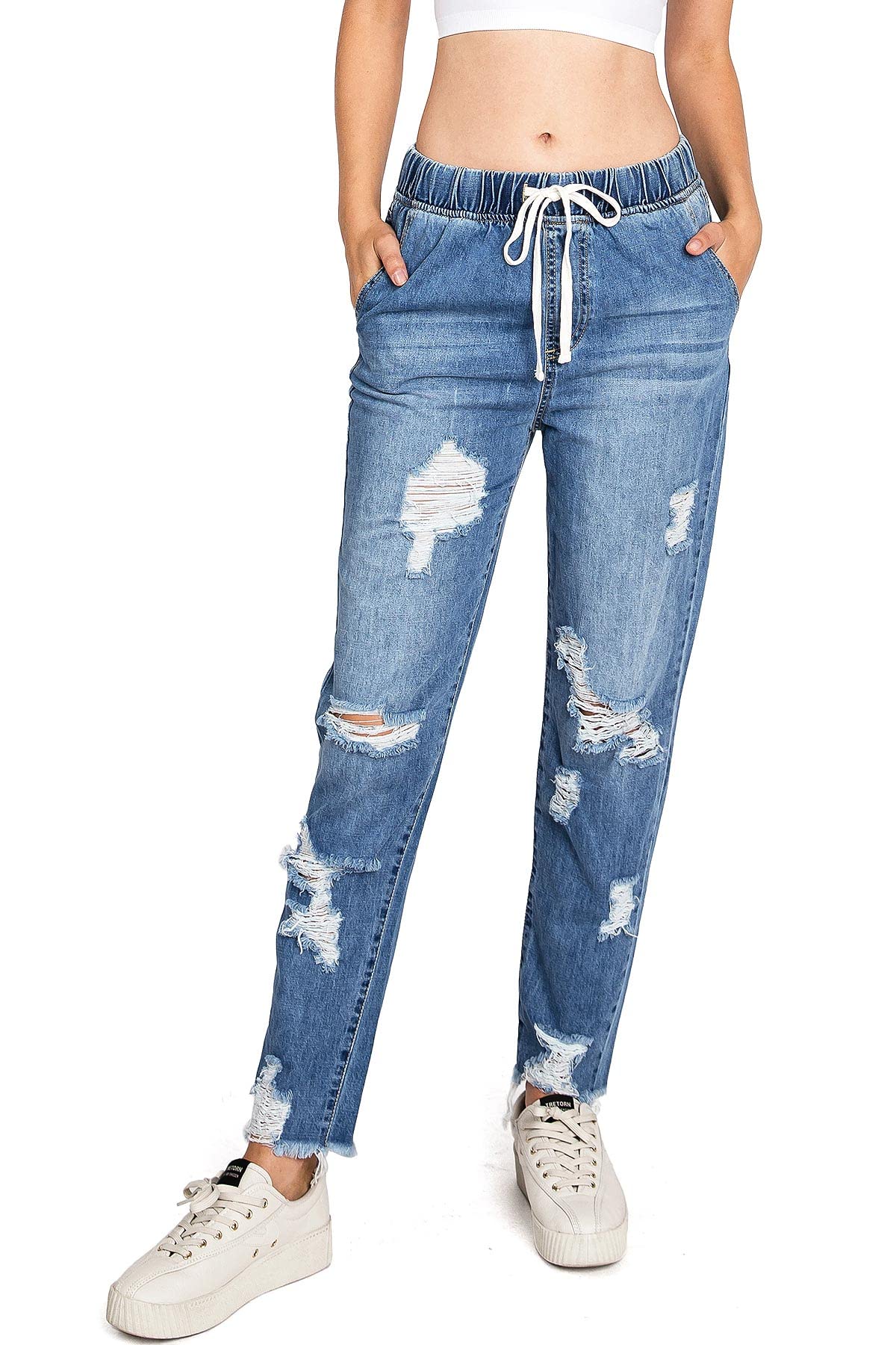 Distressed jean joggers womens on sale