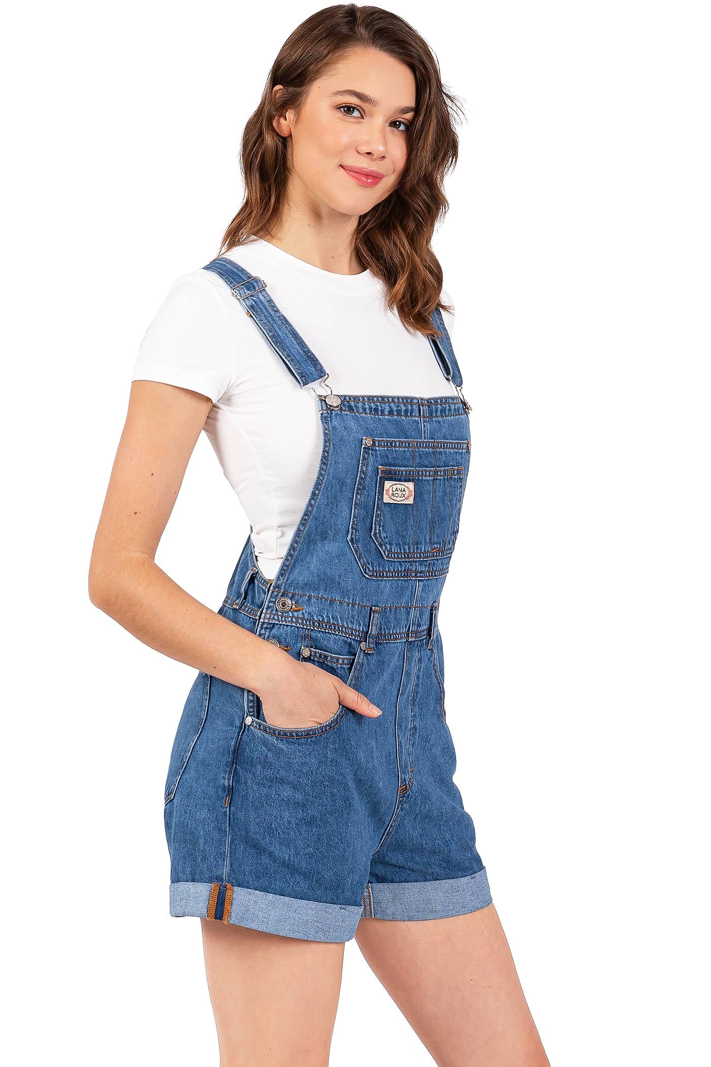 Lana Roux Womens Relaxed Fit Oversized Boyfriend Jean Short Overalls