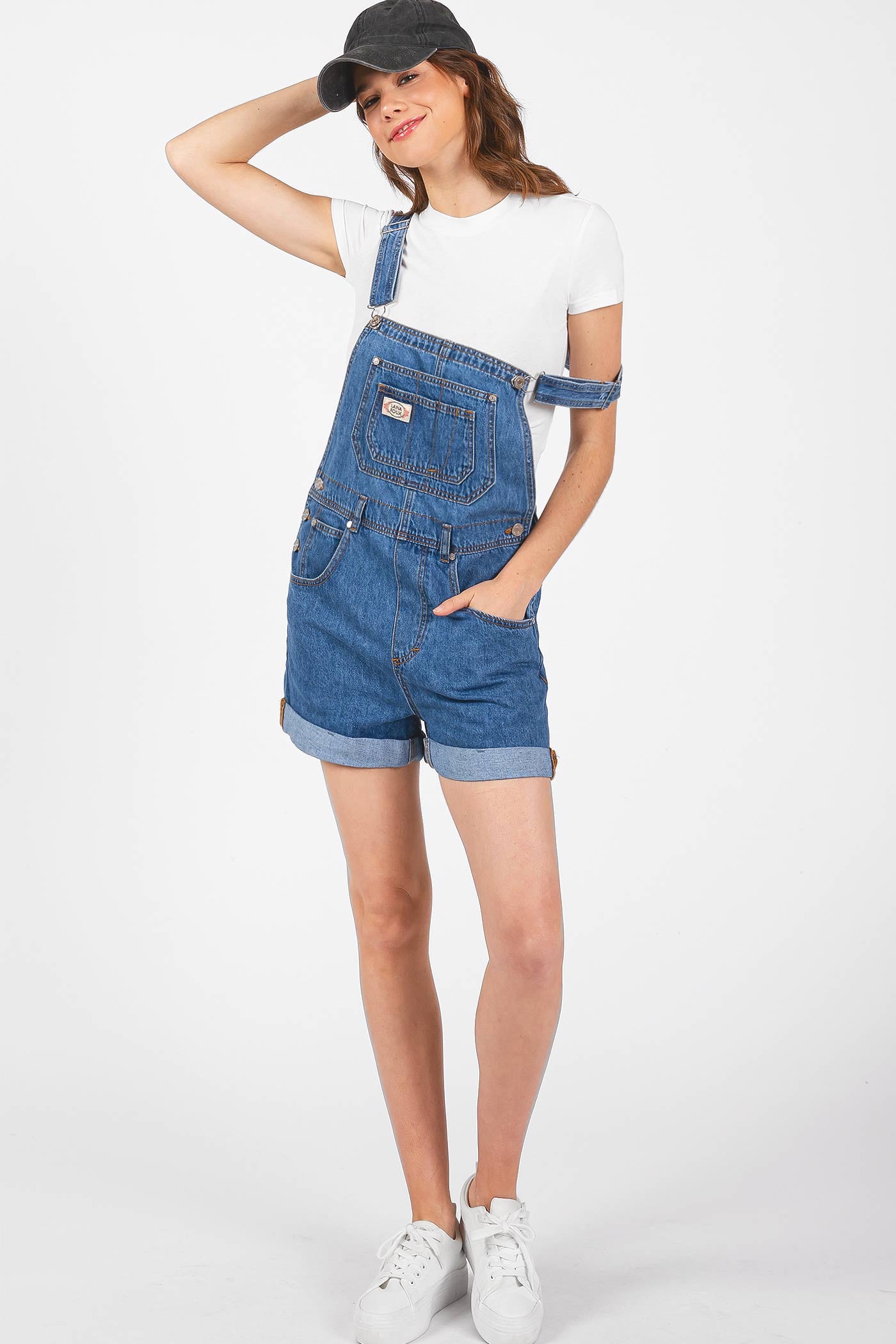 Lana Roux Womens Relaxed Fit Oversized Boyfriend Jean Short Overalls