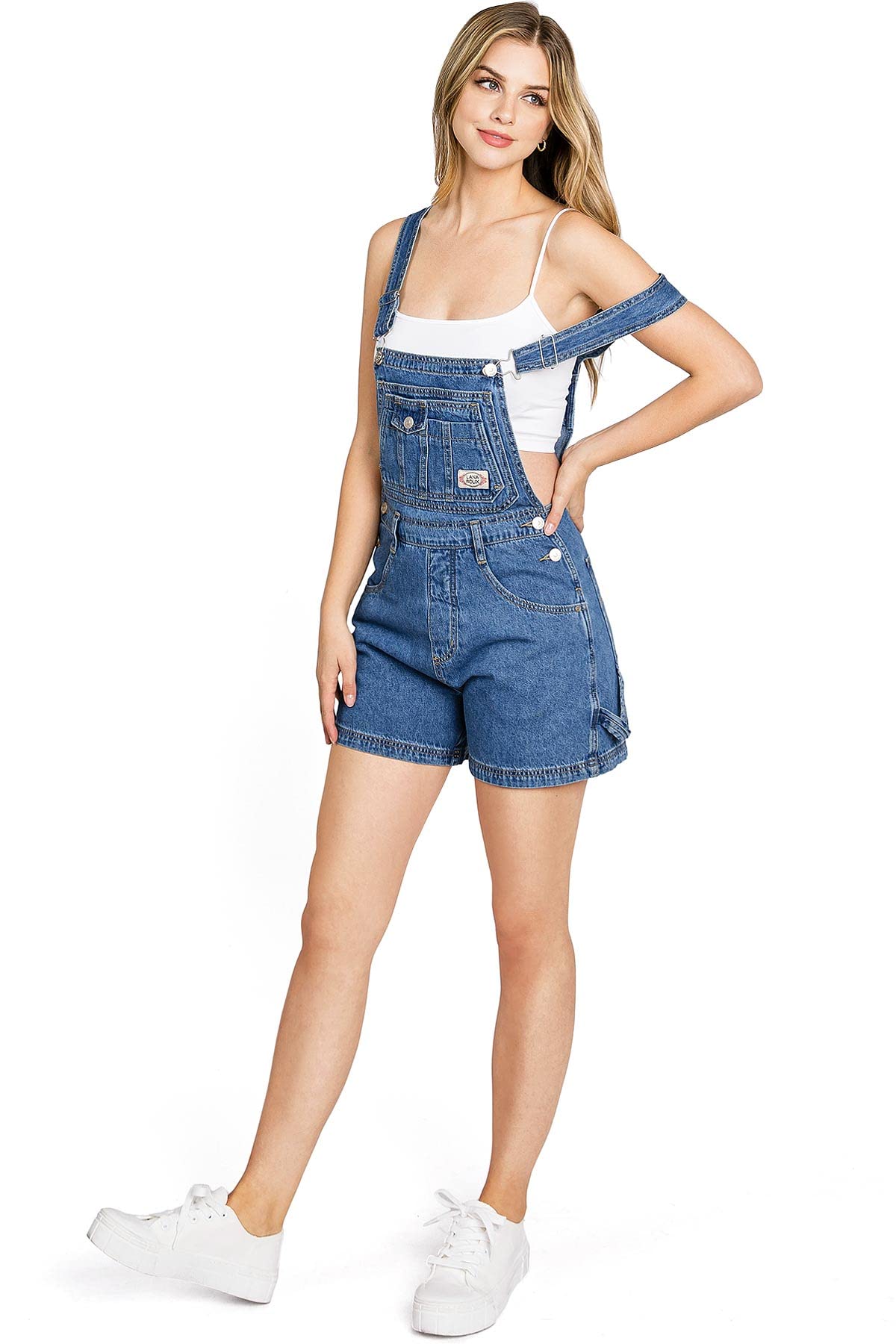 90s dress up overalls Lana Roux 90s Retro Revolt Utility Denim Twill Romper Short Overalls (Dark Denim, Large)
