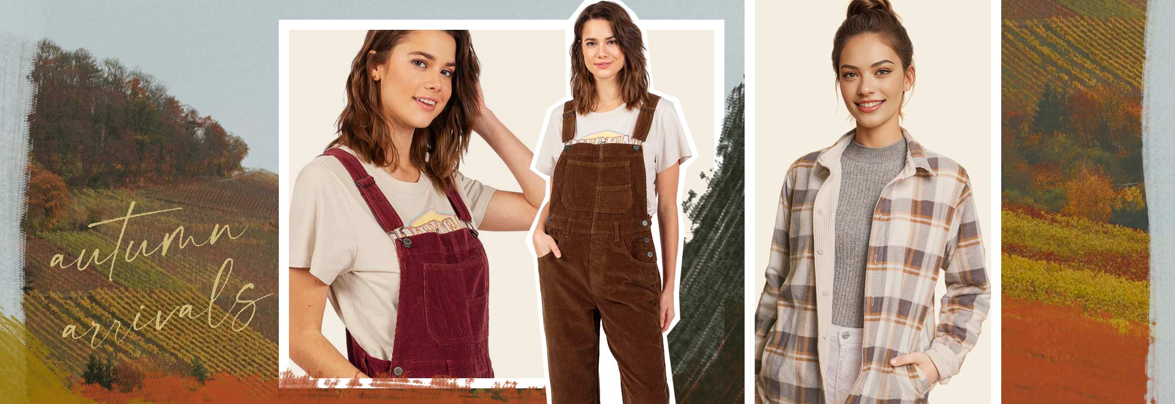 Three women modeling autumn clothing with a scenic background and text 'autumn arrivals'.