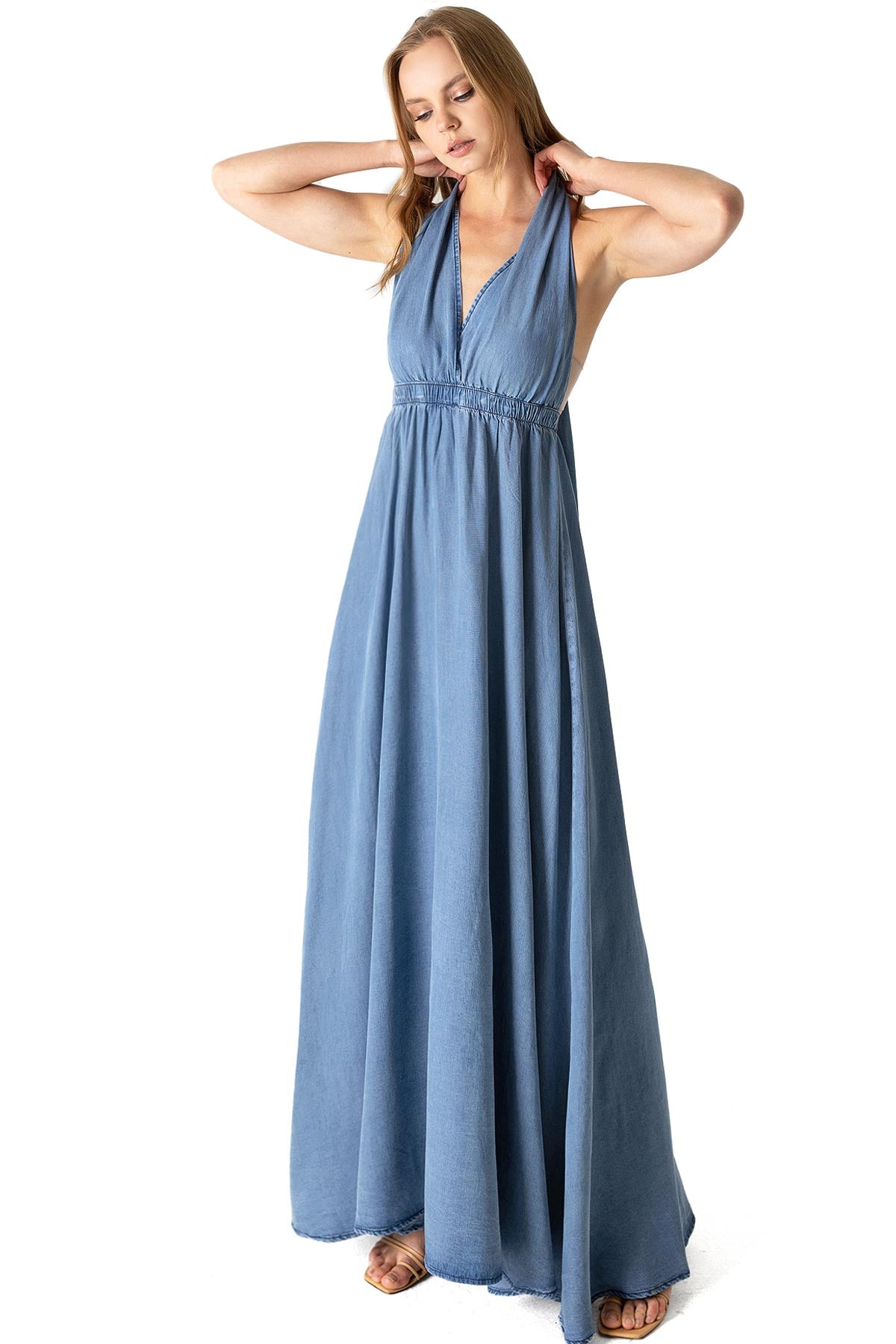 chambray maxi dress Vibrant MIU Womens Multi-Way Convertible Chambray Denim Maxi Dress (Medium Denim, Large)