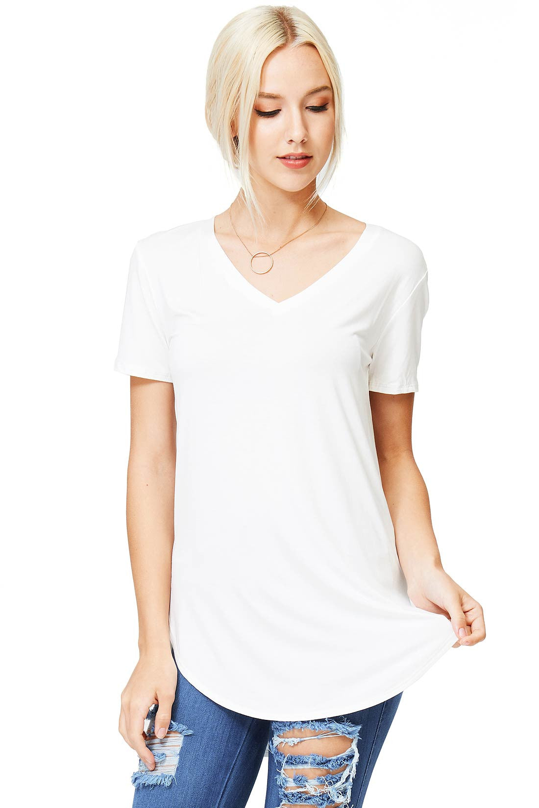 Round Hem V-Neck Tee