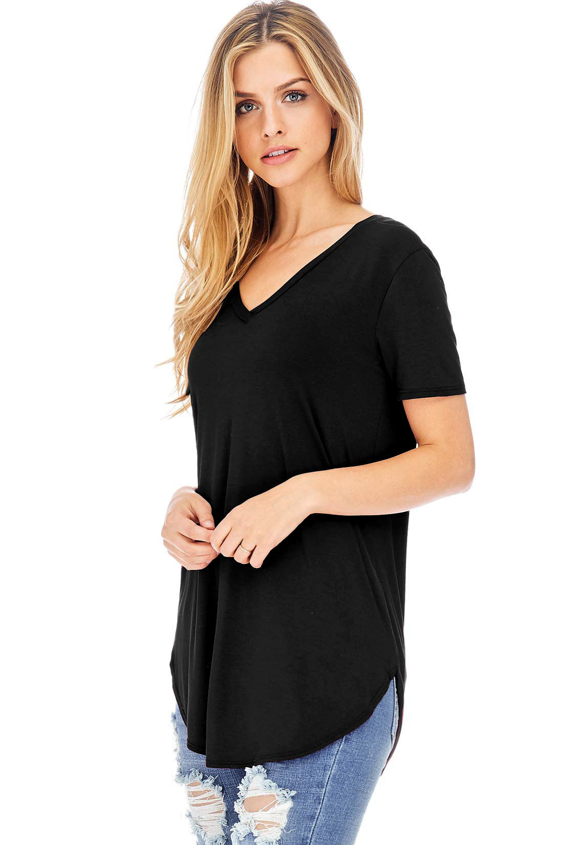 Round Hem V-Neck Tee