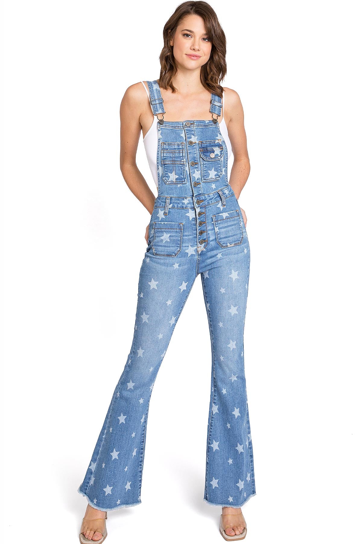 Lana Roux Star Print Button Denim Flare Overalls