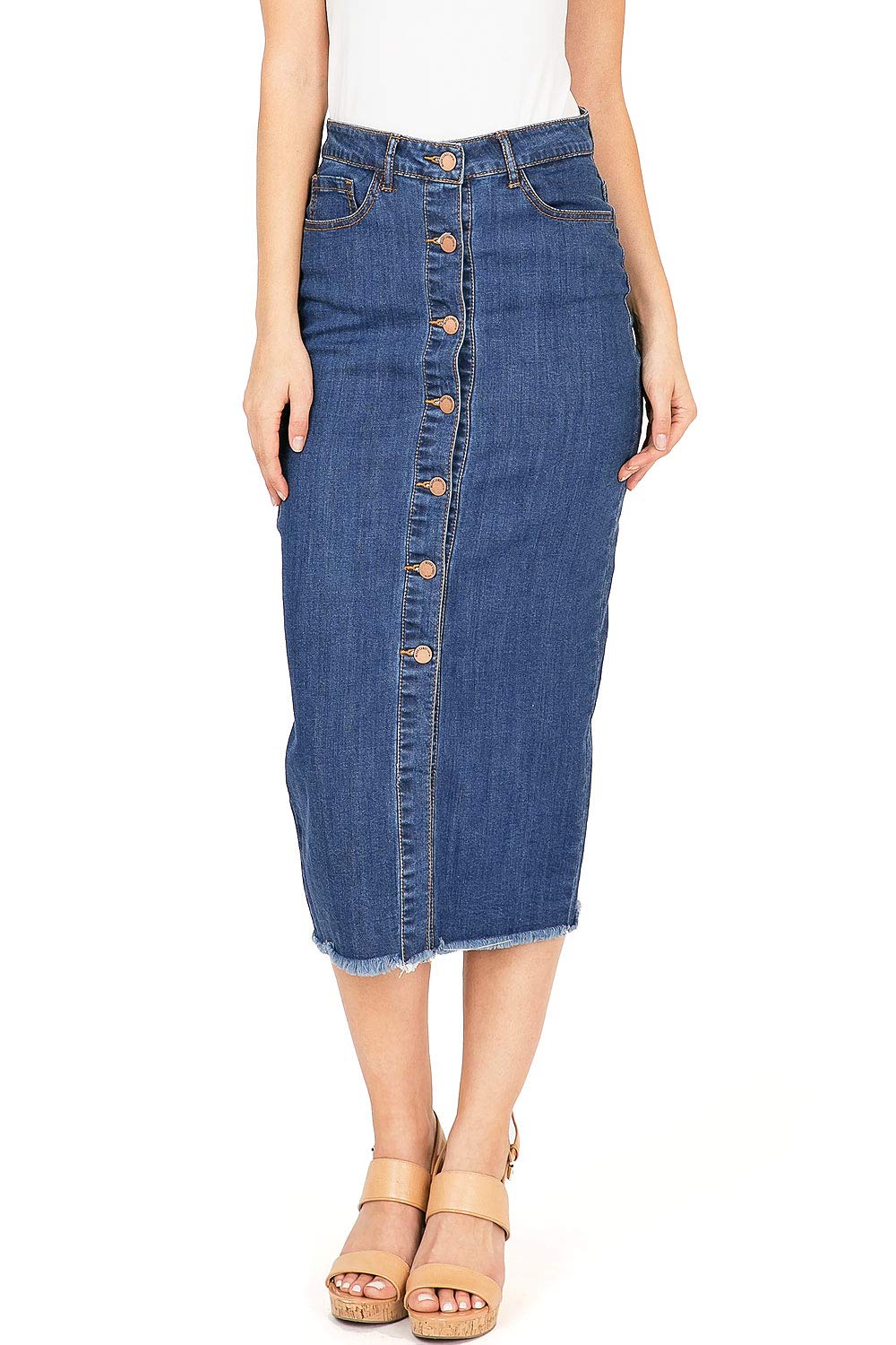 Demure Denim Midi Skirt - Pink Ice