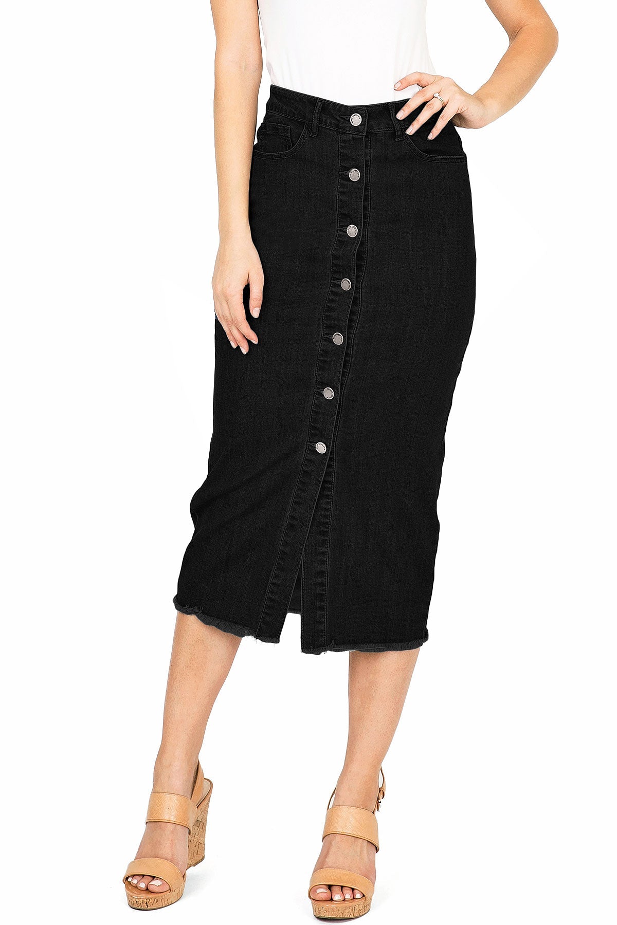 Demure Denim Midi Skirt - Pink Ice