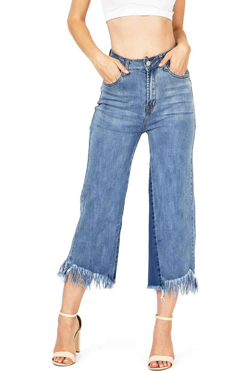 I & M Women's Juniors Stonewash Two-Tone Frayed Cropped Wide Leg Denim