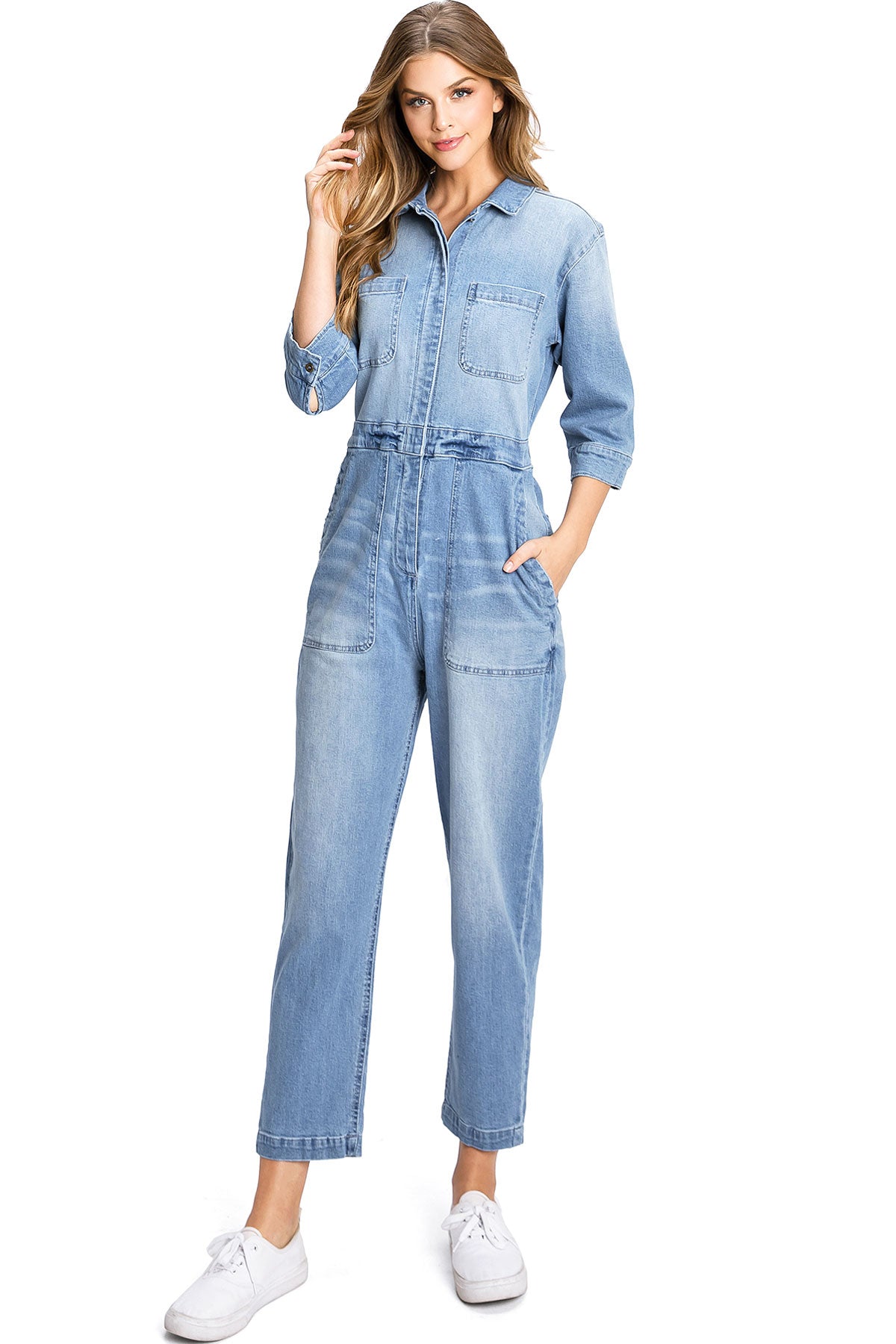 Lana Roux Aviator Relax Denim Utility Coverall Jumpsuit – Pink Ice
