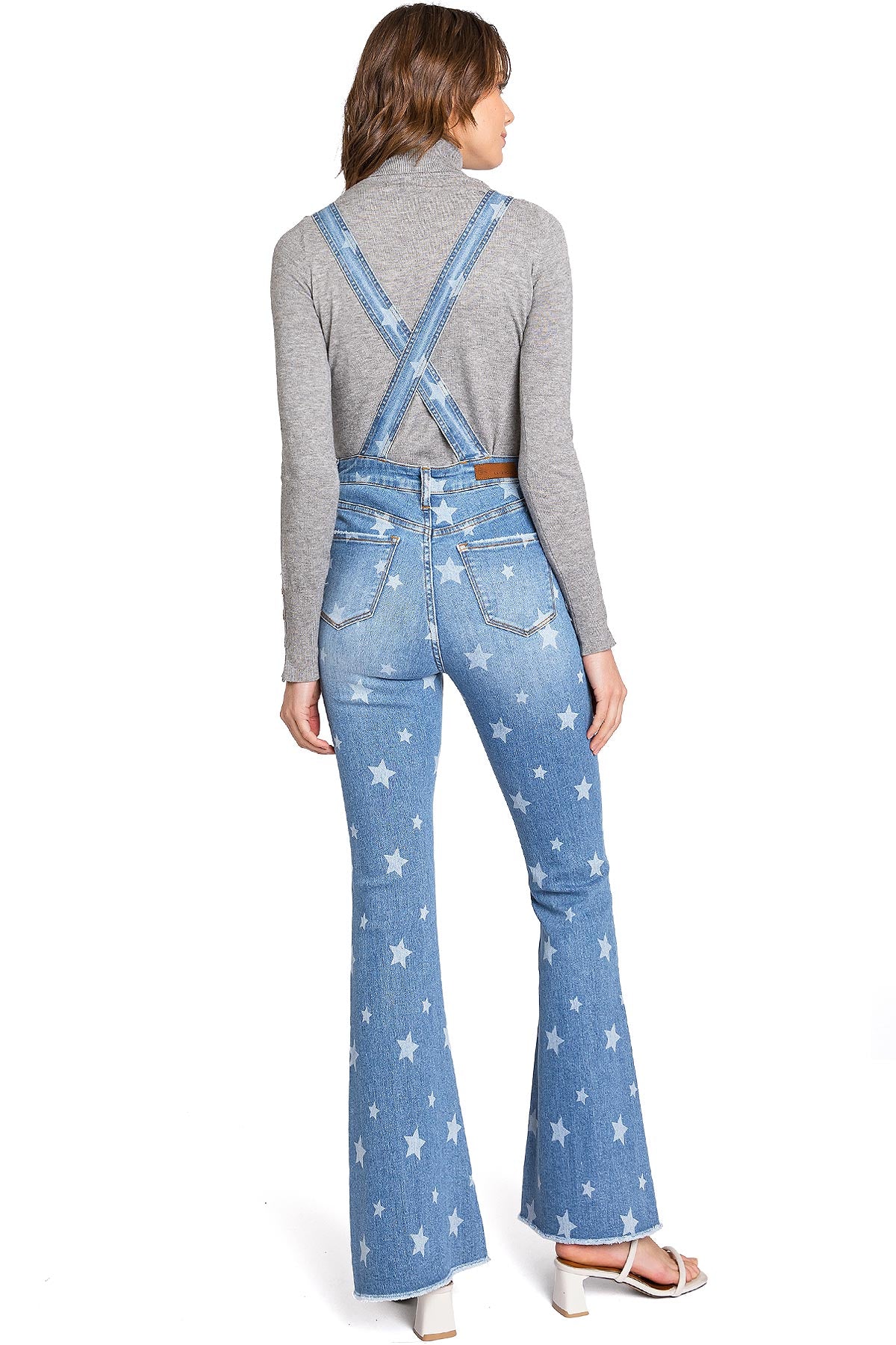 Lana Roux Star Print Zipper Denim Flare Overalls