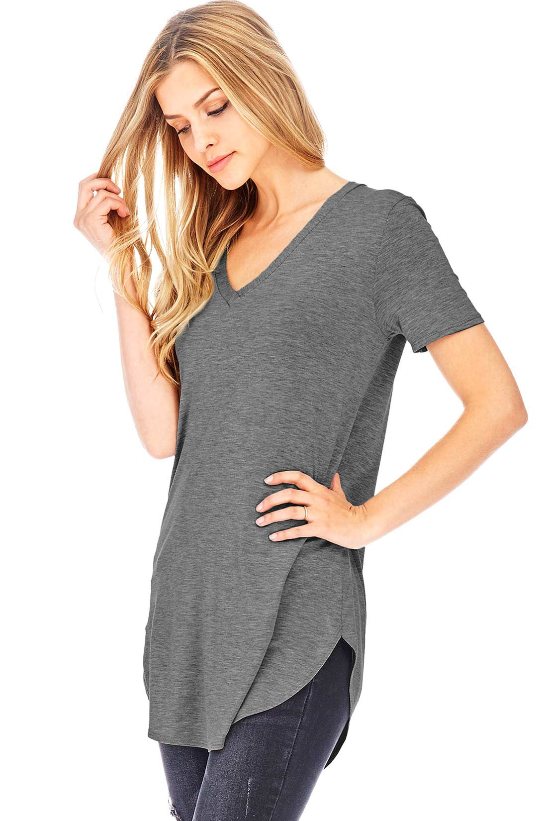 Round Hem V-Neck Tee