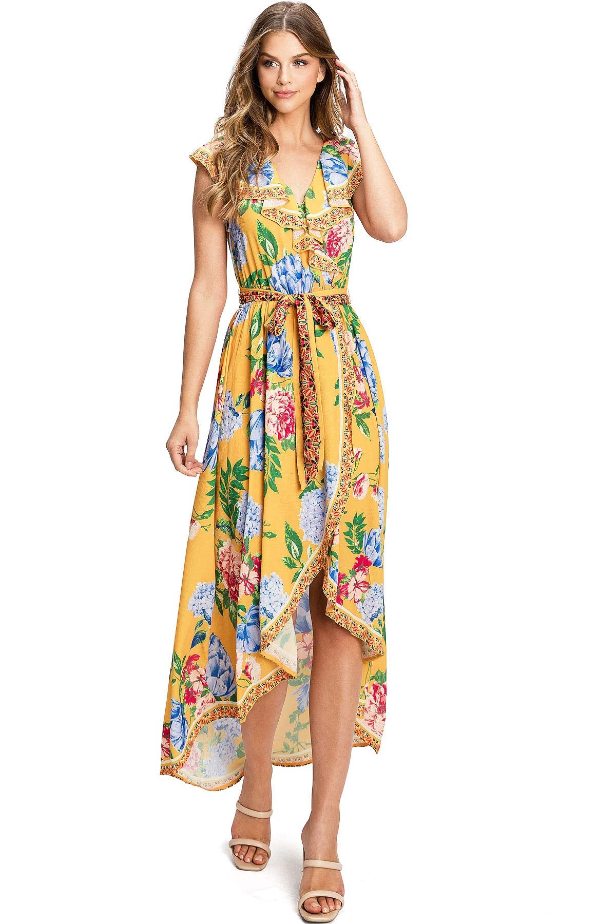 Flying Tomato Women's Floral Print Wrap Day Dress (Large, Yellow) Flying Tomato Women's Floral Print Wrap Day Dress (Large, Yellow)