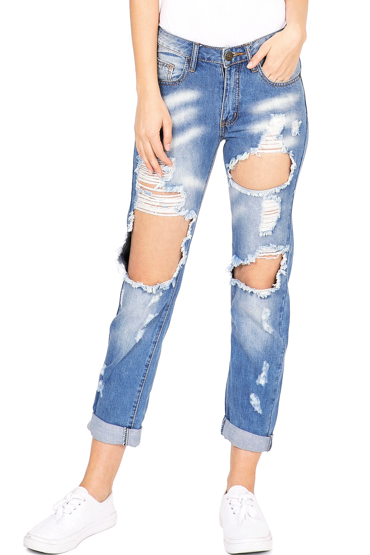 Distraught Denim Jeans - Pink Ice