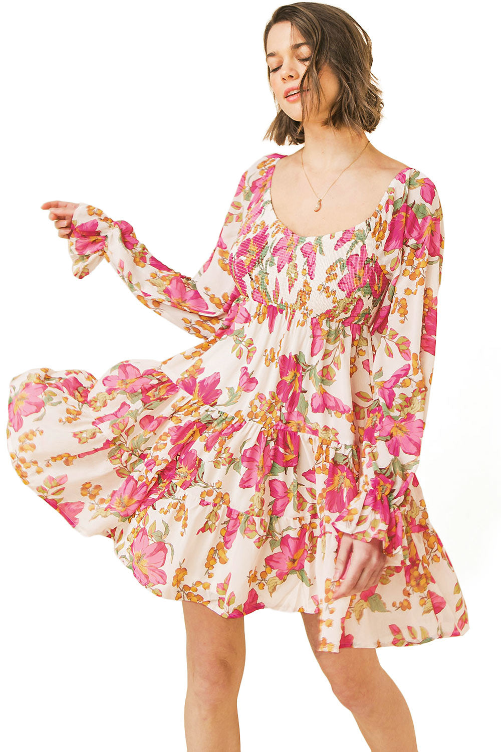 Flying Tomato Women's Smocked Floral Print Babydoll Dress (S, Ivory) Flying Tomato Women's Smocked Floral Print Babydoll Dress (S, Ivory)
