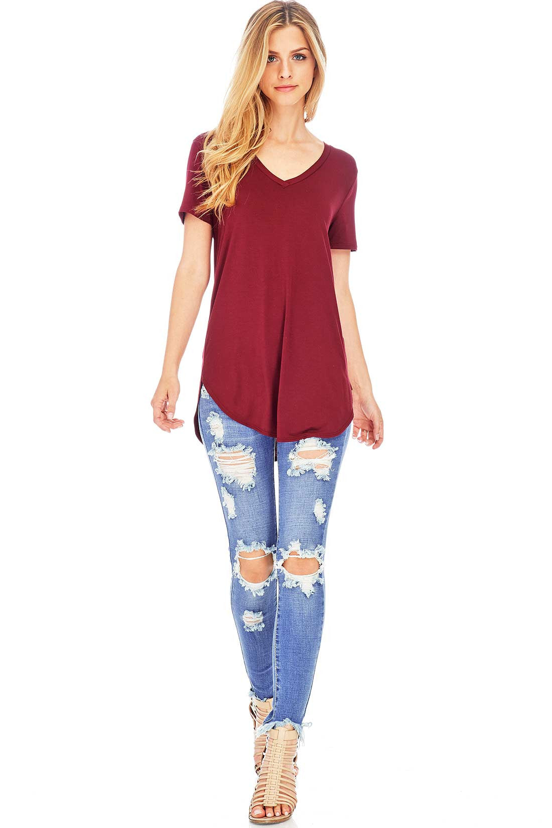 Round Hem V-Neck Tee