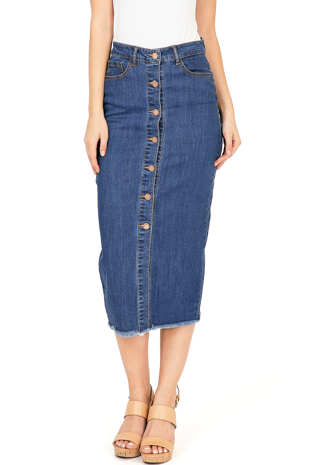 Demure Denim Midi Skirt - Pink Ice