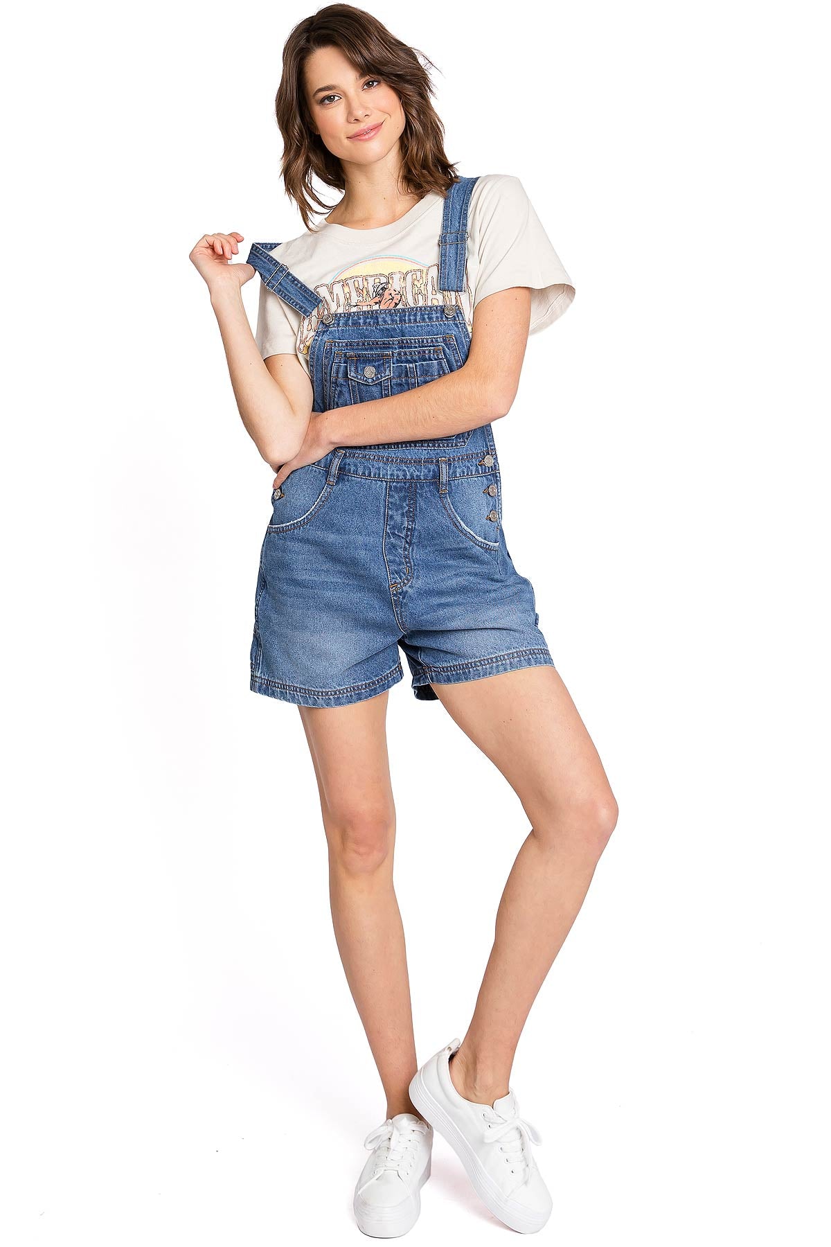 Lana Roux 90s Retro Utility Denim Romper Short Overalls