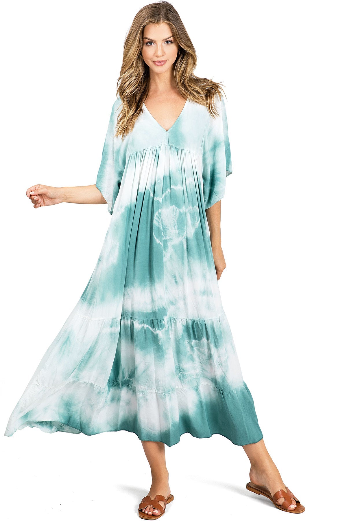 Venti6 Womens Casual Tie Dye V-Neck Kaftan Dress (Teal, Medium) Venti6 Womens Casual Tie Dye V-Neck Kaftan Dress (Teal, Medium)
