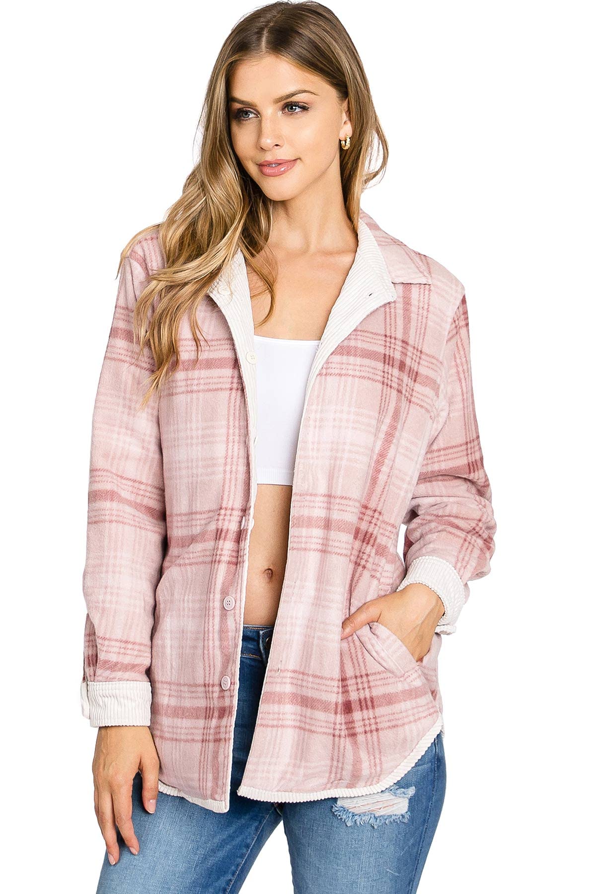 Reversible Plaid-Cord Shacket