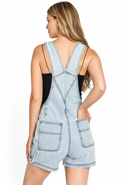 Lana Roux 90s Retro Utility Denim Romper Short Overalls