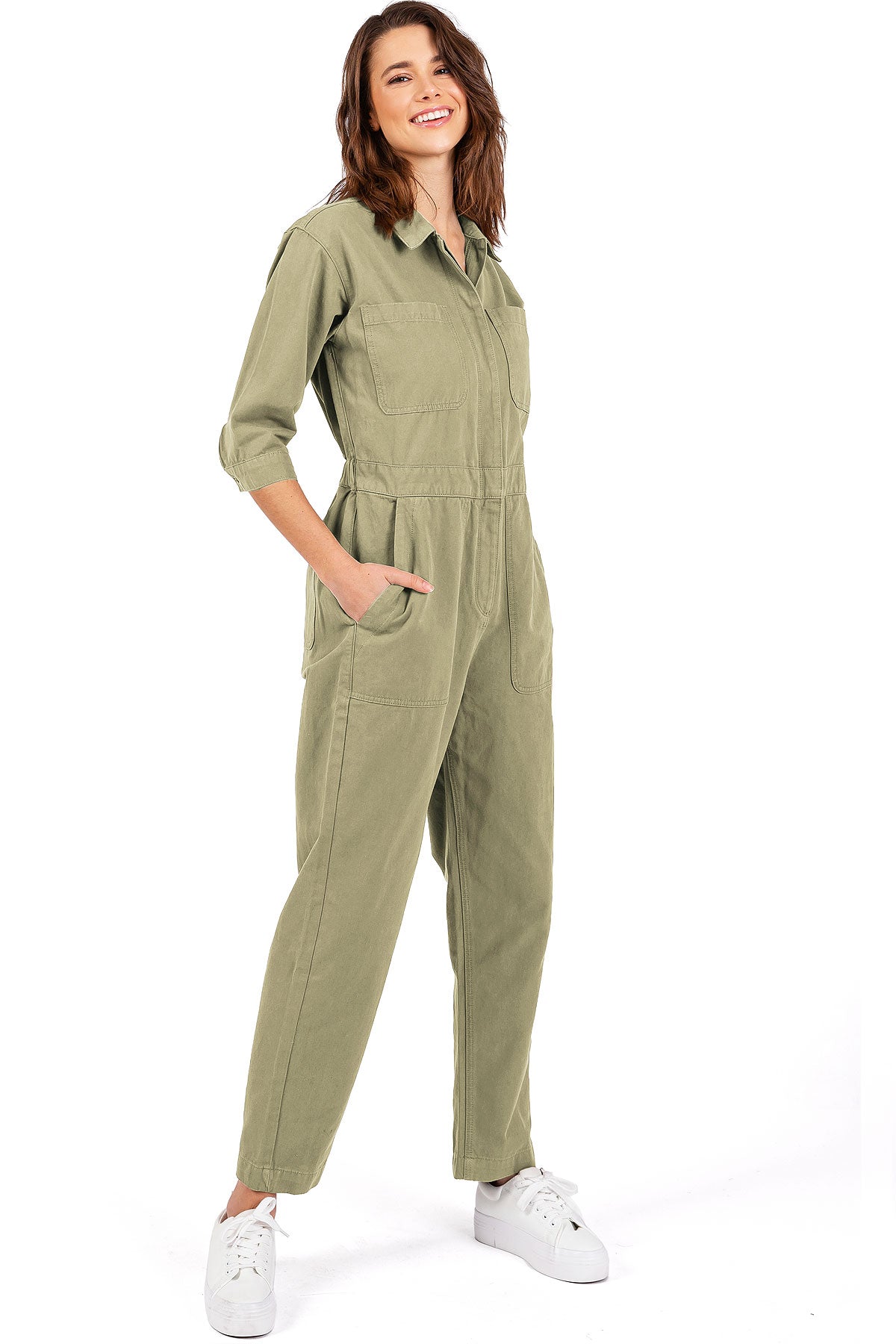 Lana Roux Coverall Aviator Jumpsuit Light Olive Medium