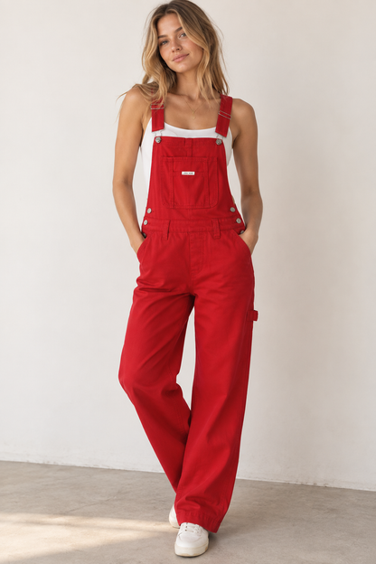 Lana Roux Low Rise Straight Leg Denim Overalls - Pink Ice