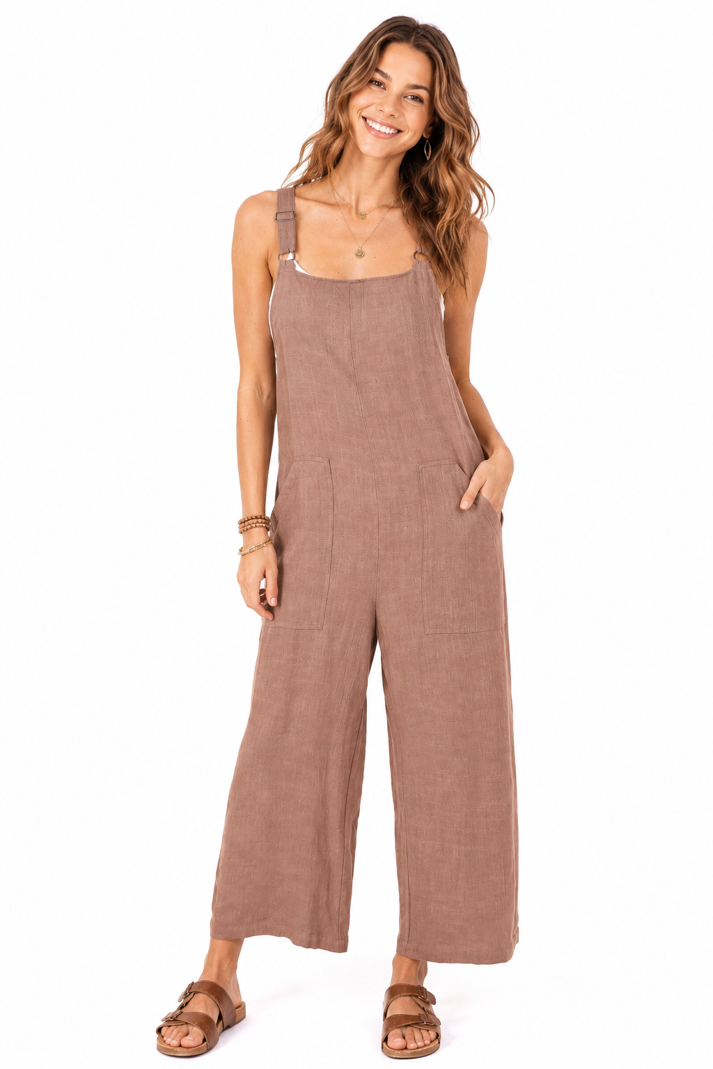 Lana Roux Crop Wide-Leg Linen Jumpsuit - Pink Ice