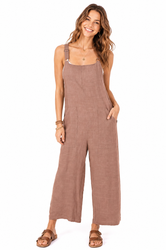 Lana Roux Crop Wide-Leg Linen Jumpsuit - Pink Ice
