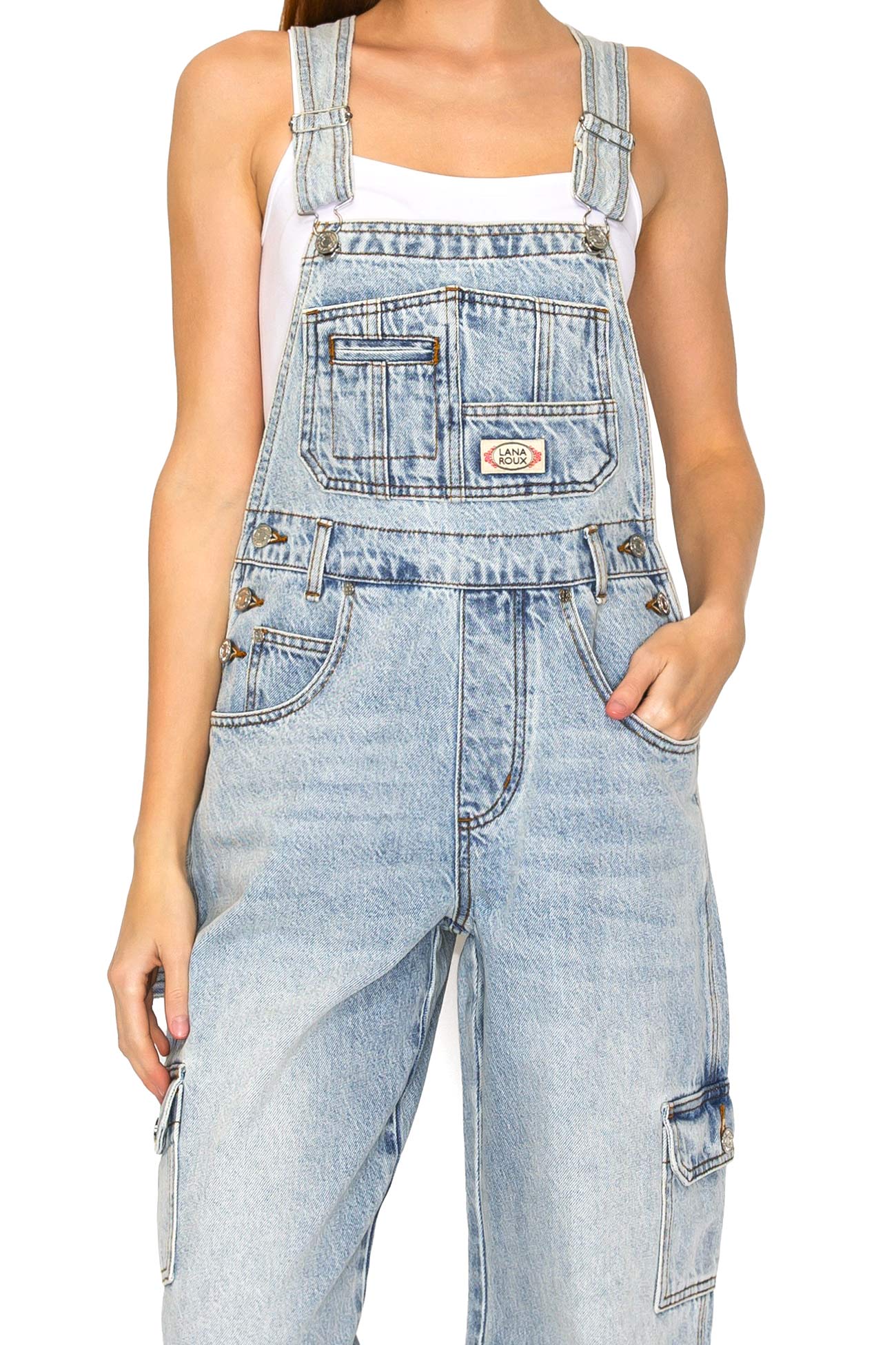 Lana Roux 90s Retro Rigid Denim Cargo Overalls