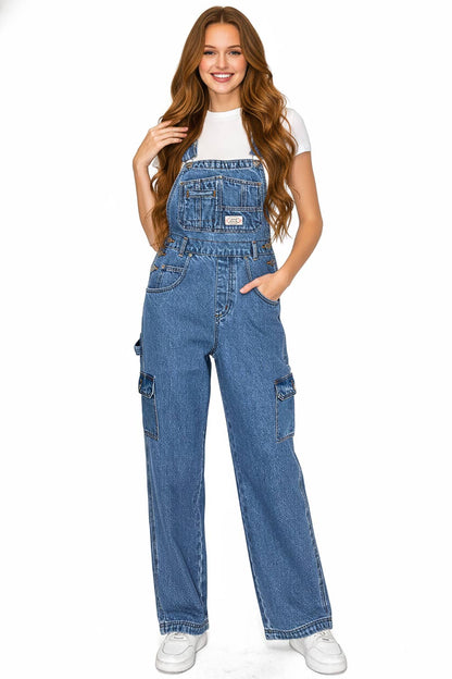 Lana Roux 90s Retro Rigid Denim Cargo Overalls