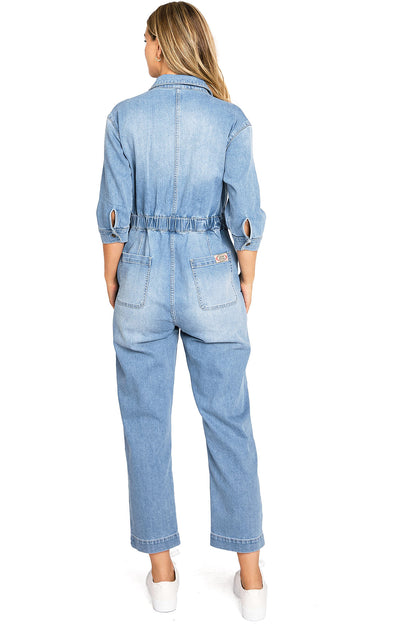 Lana Roux Aviator Relax Denim Utility Coverall Jumpsuit