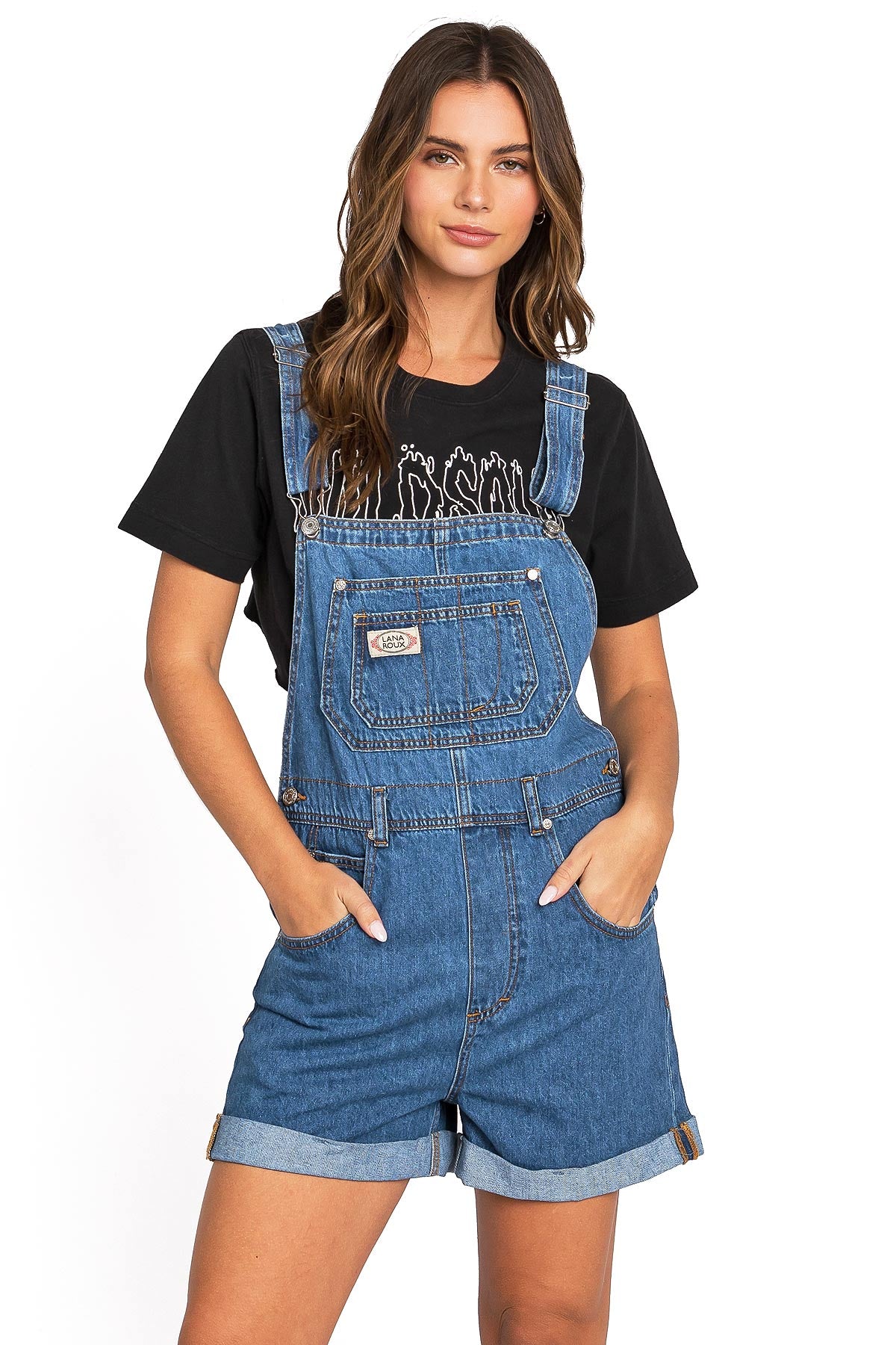 Lana Roux Relaxed Fit Boyfriend Short Overalls