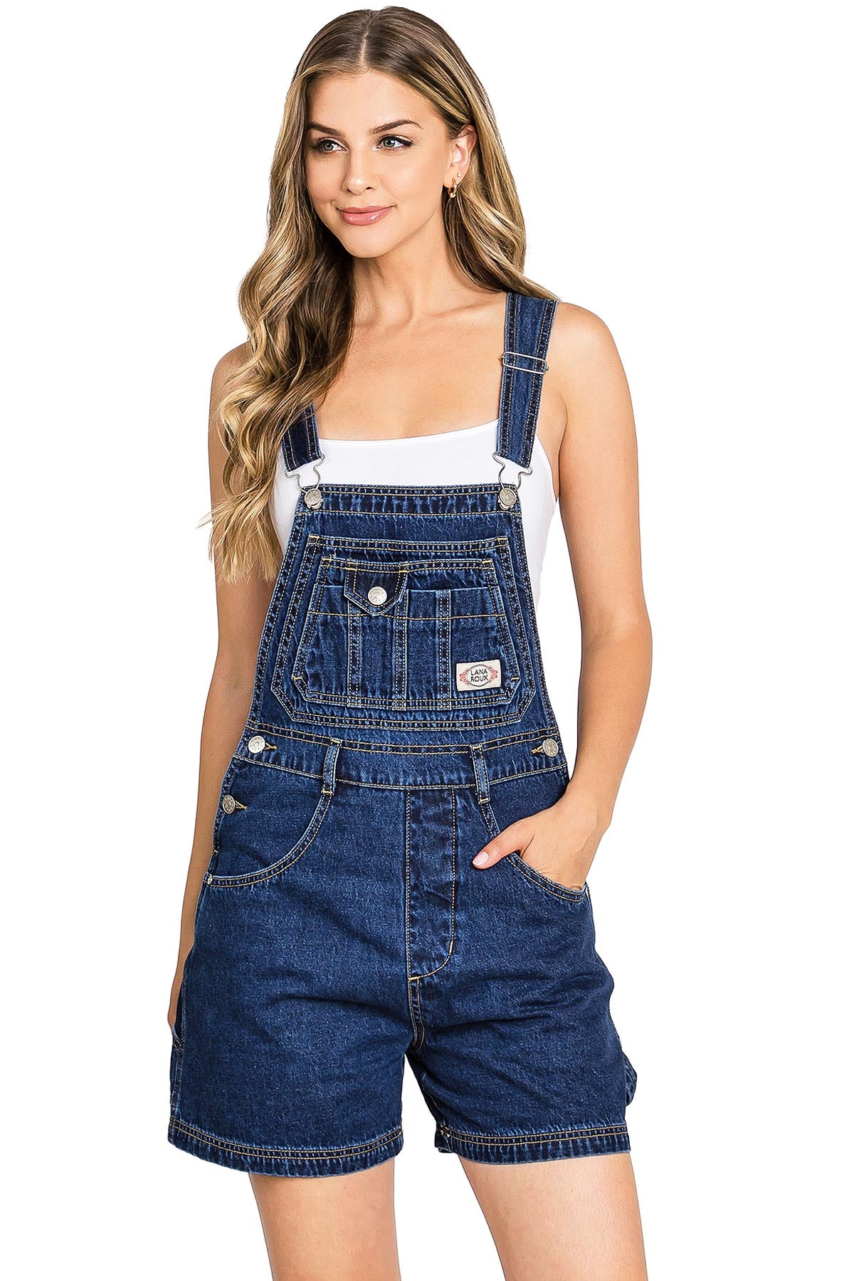 Lana Roux 90s Retro Utility Denim Short Overalls