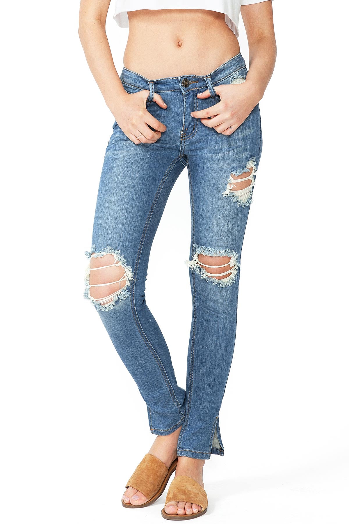 Split Hem Mid-Rise Skinnys