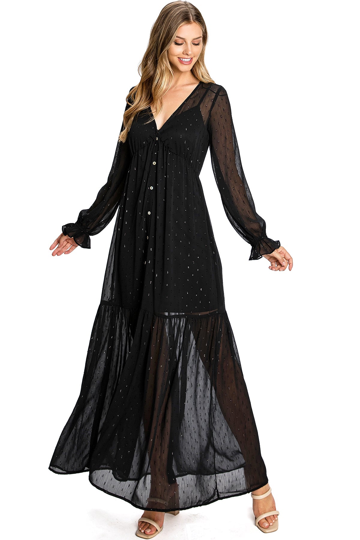 Black, dress, maxidress, sheer, mesh, longsleeve, black dress, 