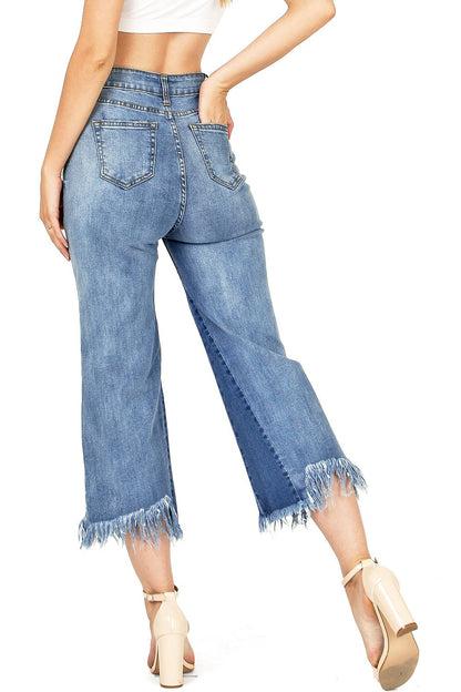 I & M Women's Juniors Stonewash Two-Tone Frayed Cropped Wide Leg Denim