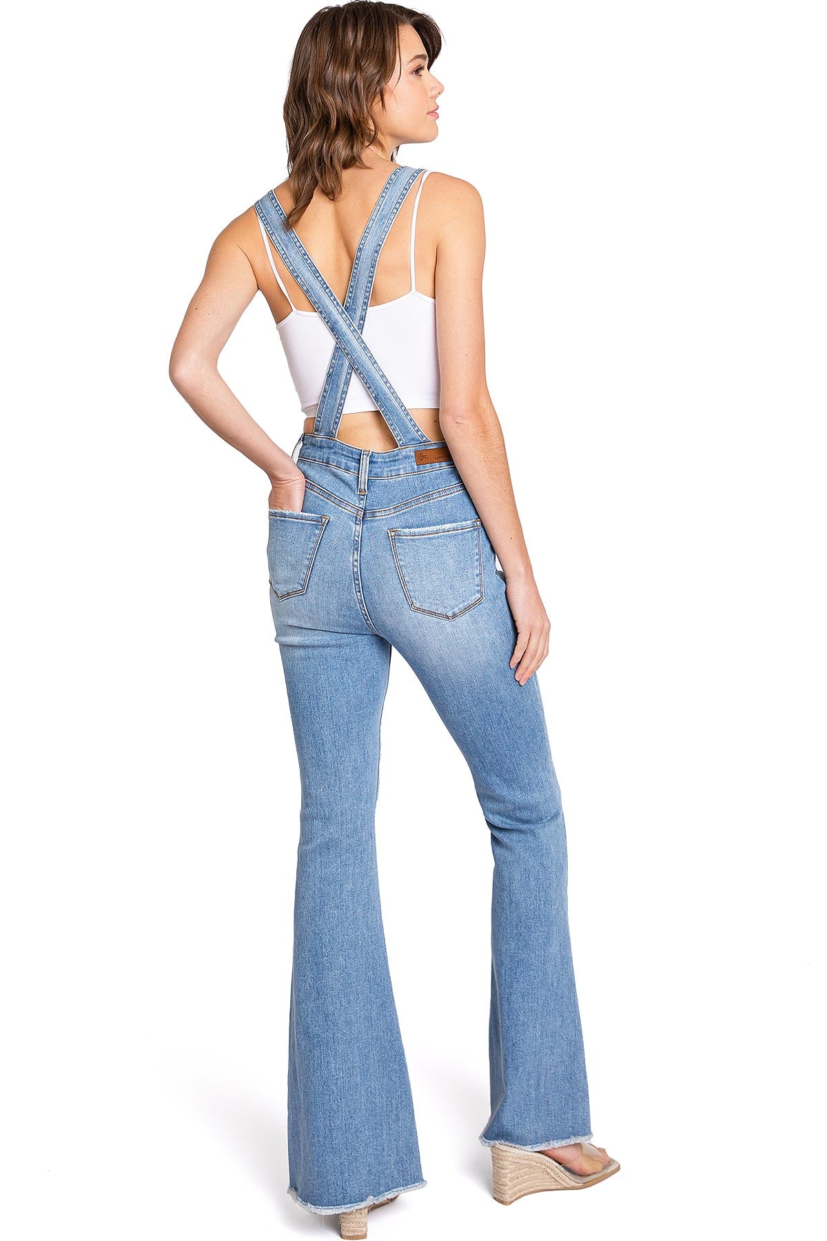 Lana Roux Star Print Zipper Denim Flare Overalls