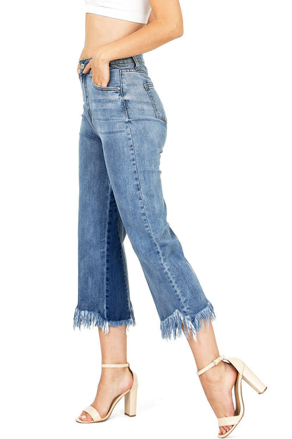 I & M Women's Juniors Stonewash Two-Tone Frayed Cropped Wide Leg Denim