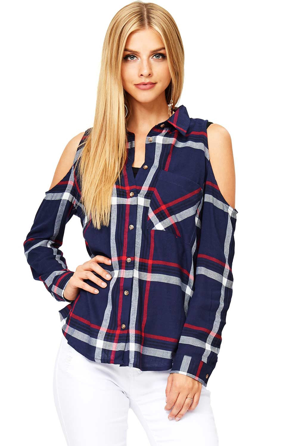 Off the shoulder online plaid shirt