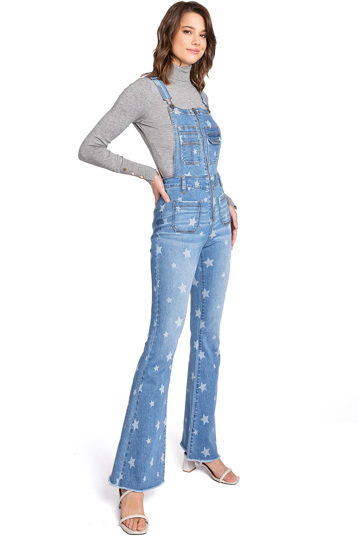 Lana Roux Star Print Zipper Denim Flare Overalls