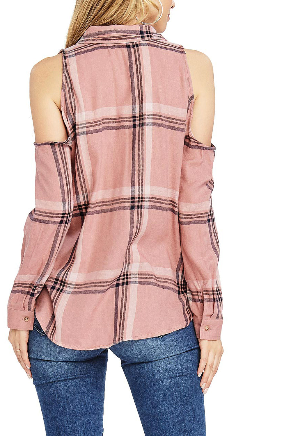 Cold Shoulder Plaid Shirt Pink Ice