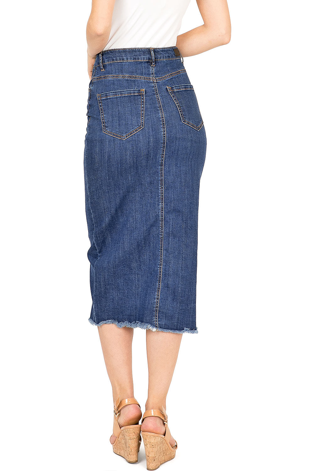 Demure Denim Midi Skirt - Pink Ice
