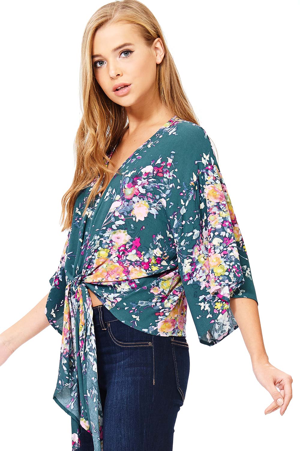 Floral Flock Front-Tie Blouse - Pink Ice