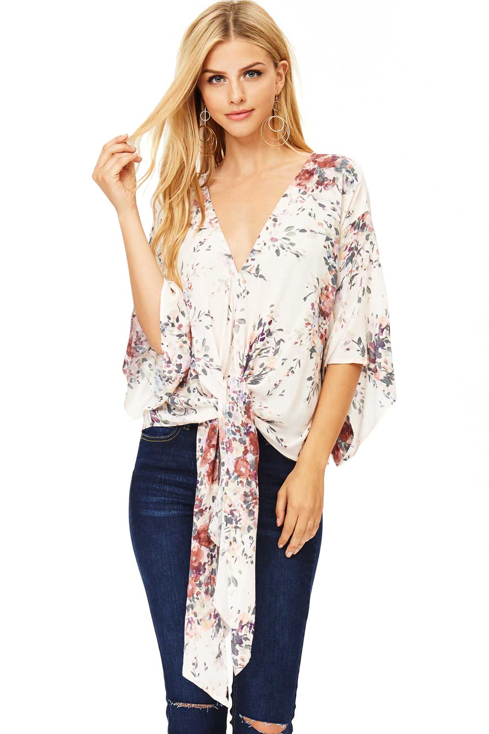 Floral Flock Front-Tie Blouse - Pink Ice