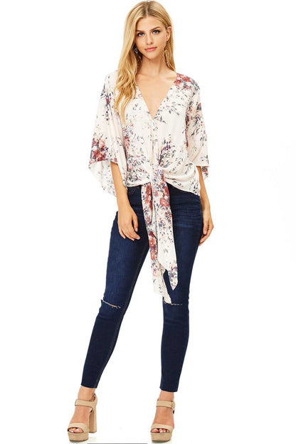 Floral Flock Front-Tie Blouse - Pink Ice