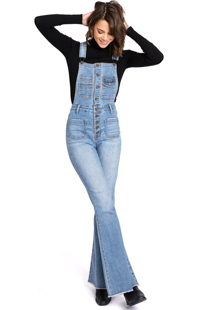 Lana Roux Star Print Button Denim Flare Overalls